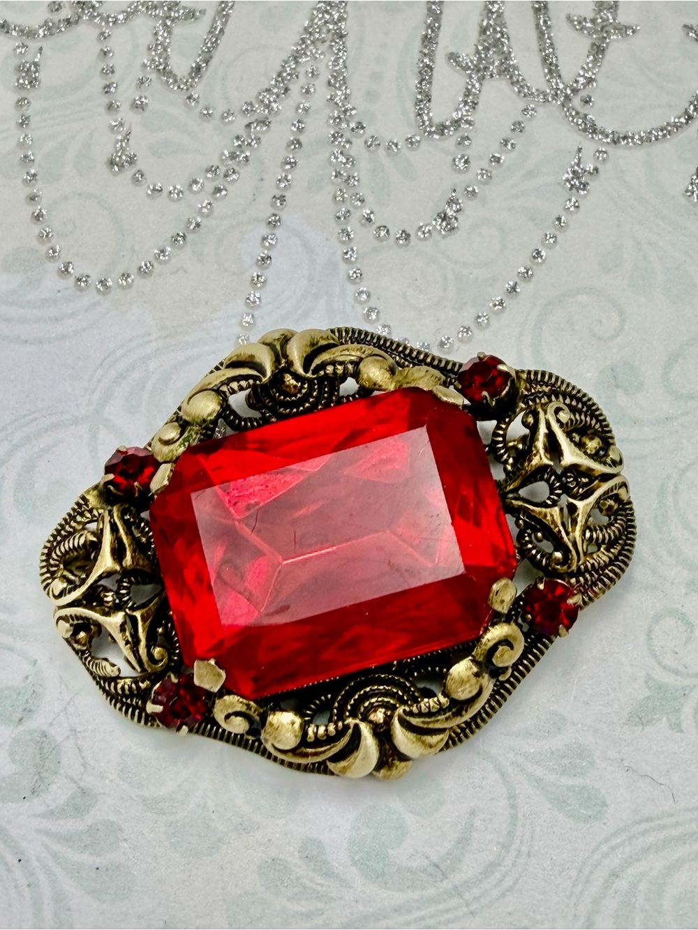 Vintage Czech Glass Red Brooch #cz621